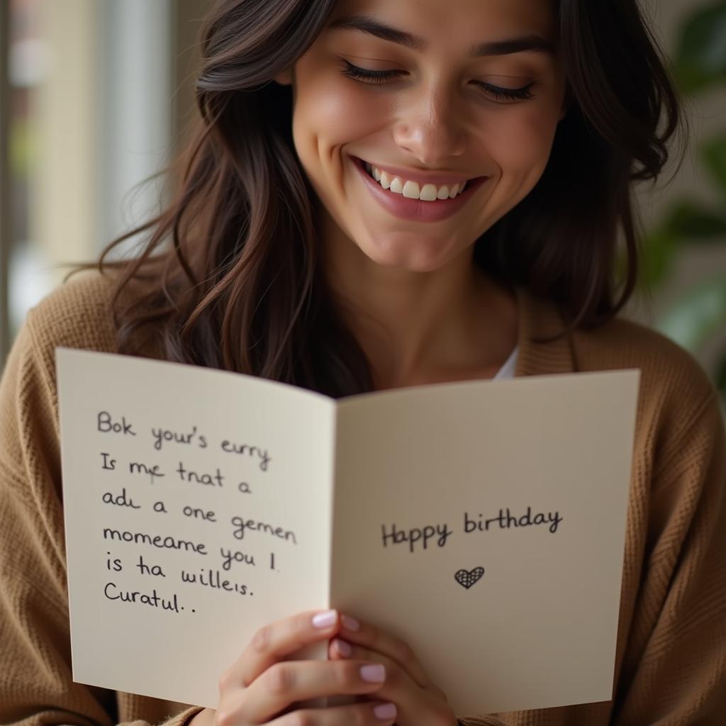 A sister joyfully reading a heartfelt birthday shayari message.