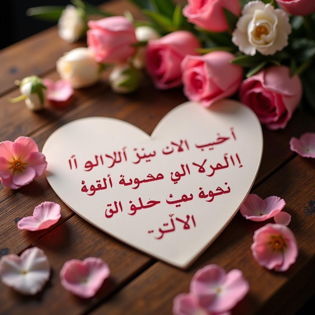 Romantic words written on a heart-shaped note, with soft lighting and flowers in the background