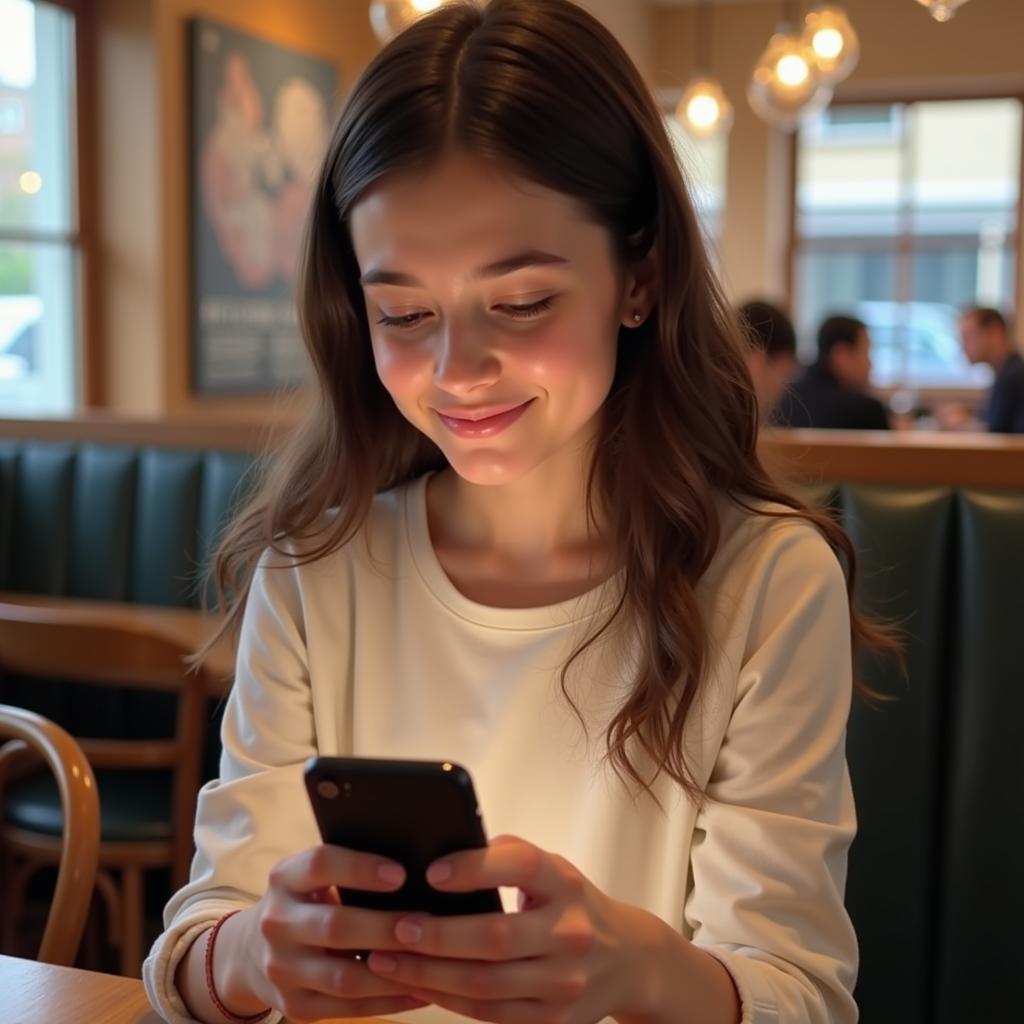 A girl reading a short message on her phone, with a slight smile playing on her lips.