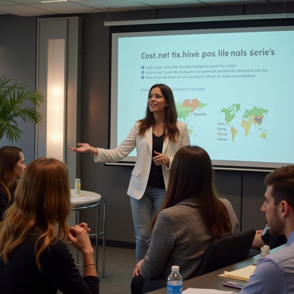 A woman confidently presenting a project, highlighting her intelligence and skills.