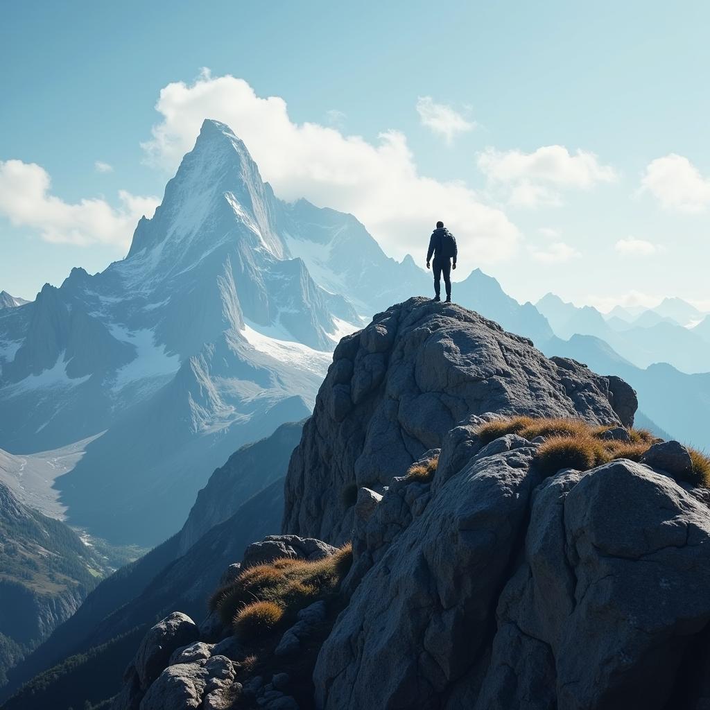 A person reaching the summit of a mountain, symbolizing achievement through perseverance.