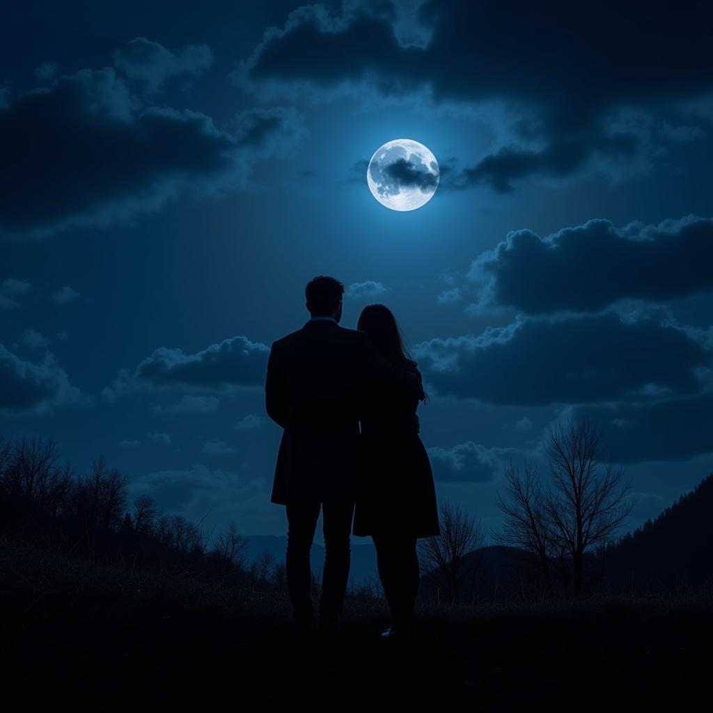 Couple embracing under a moonlit sky