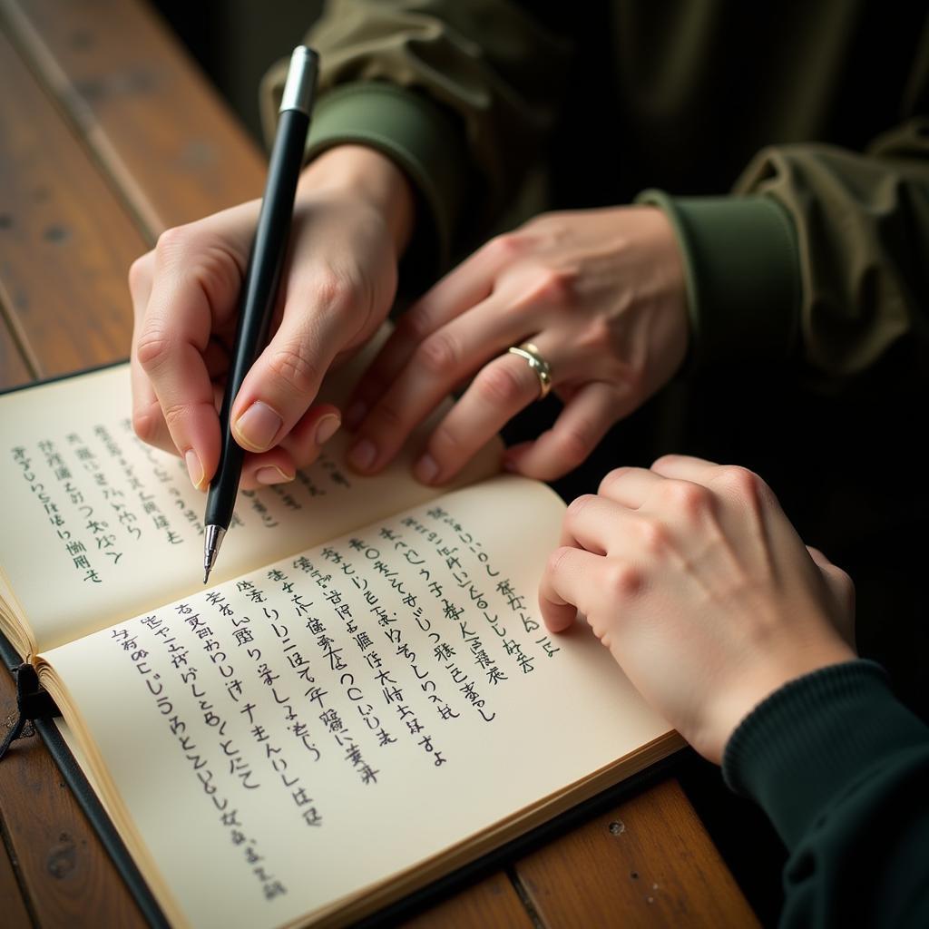 A person writing poetry in a notebook