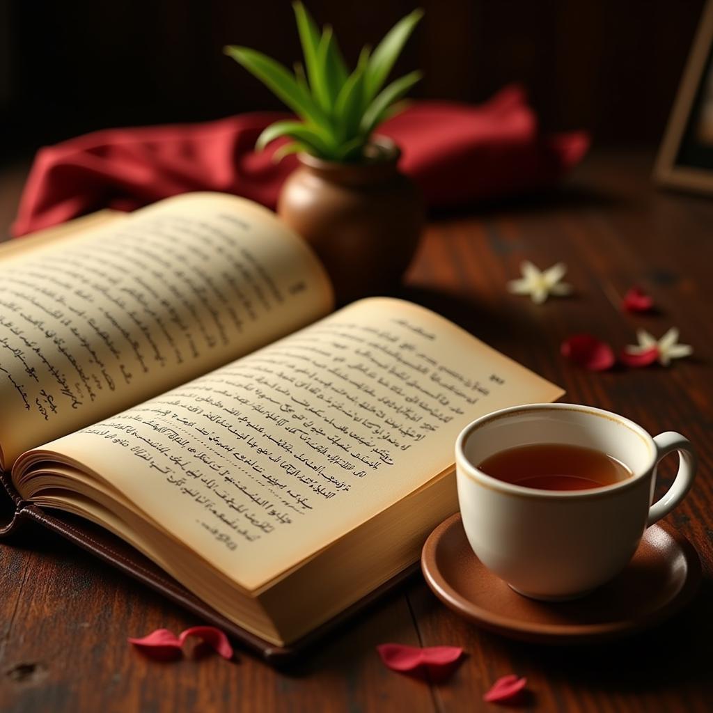 Open book of Urdu poetry with a cup of tea