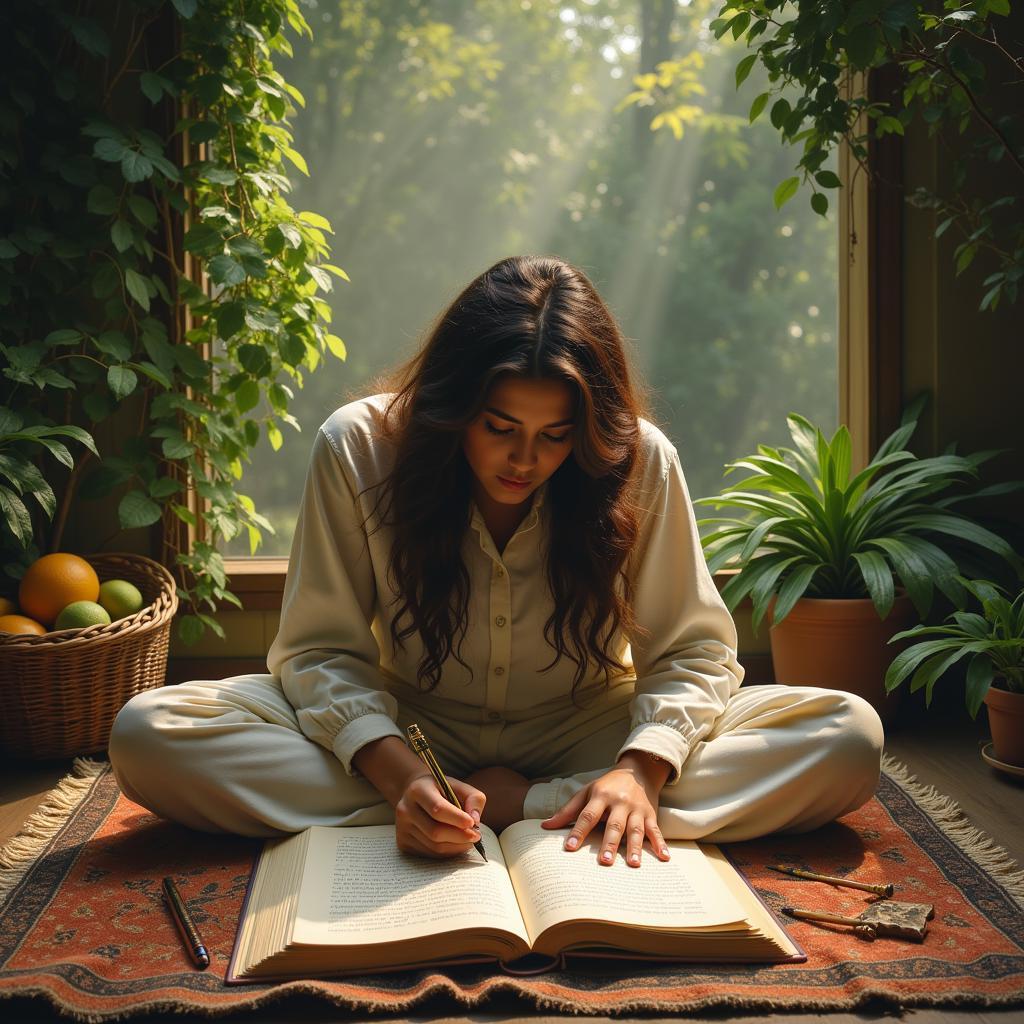 A person writing in a journal, surrounded by flowers and candles, creating a serene and inspiring atmosphere.