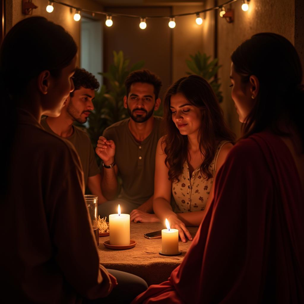 Depicts a group of people sharing shayari in a traditional setting, highlighting the cultural significance of this art form in expressing complex emotions like betrayal.