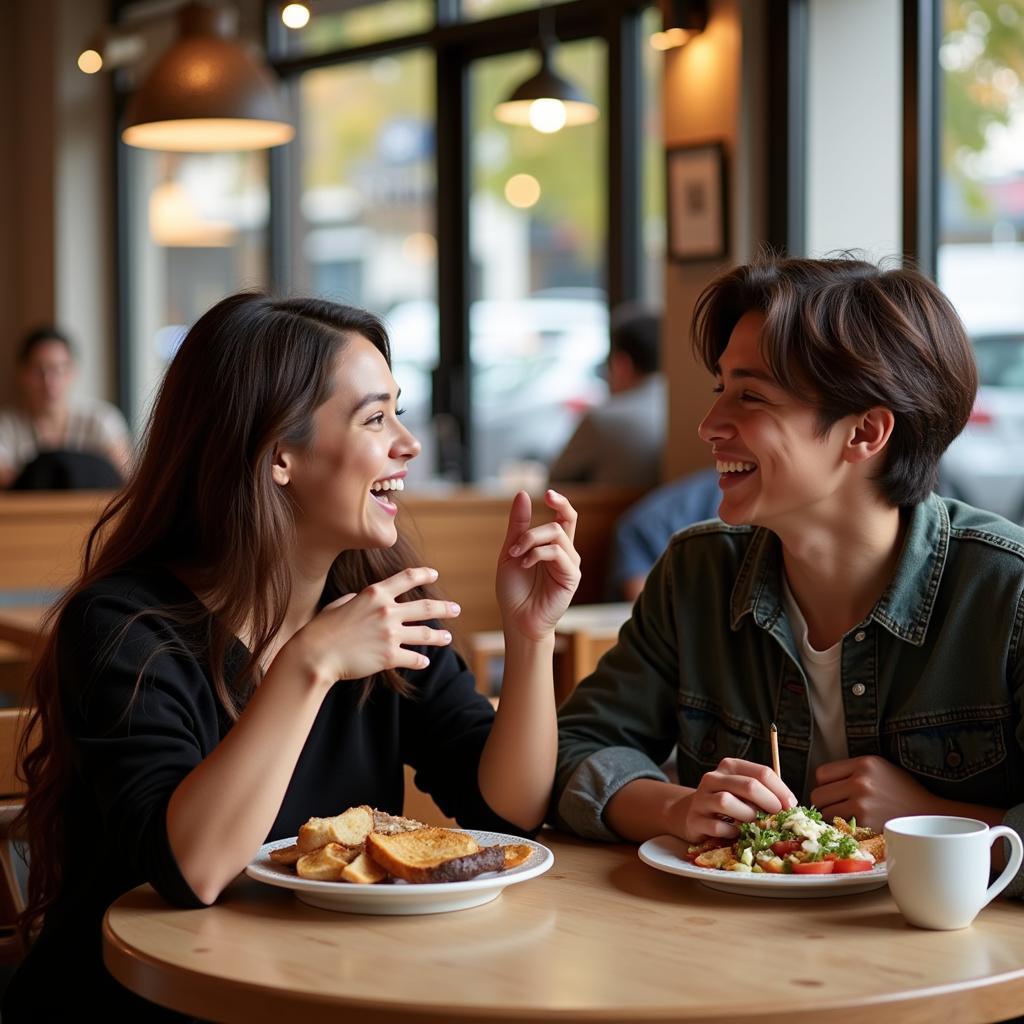 Friends catching up over a meal: Showing the social aspect of sharing food and conversation.