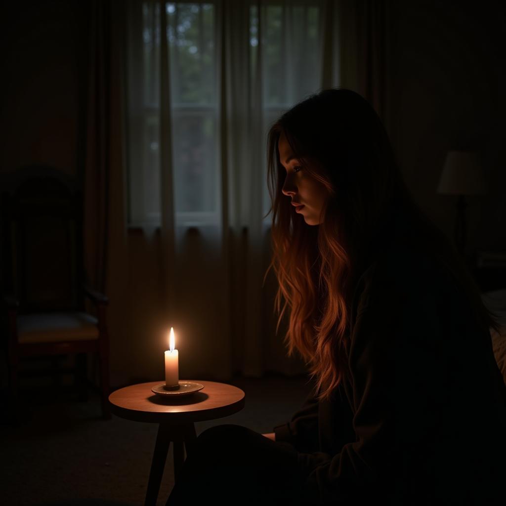 Khawab Shayari Symbolism: A woman gazing at a flickering candle in a dream, symbolizing fading hope.