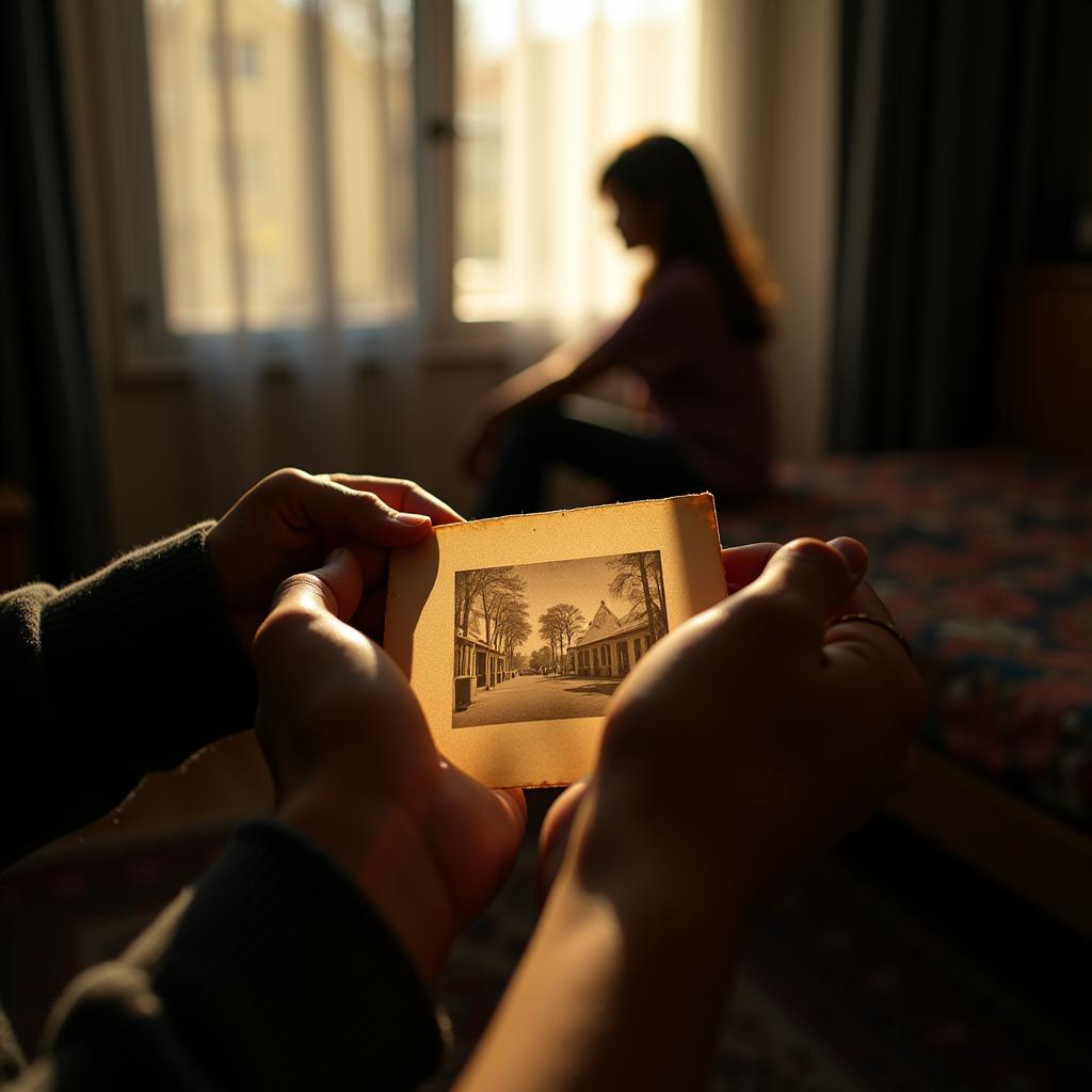 Longing and Memories: Visual representation of "kisi ki yaad" with a person looking at old photographs, reminiscing about past times.