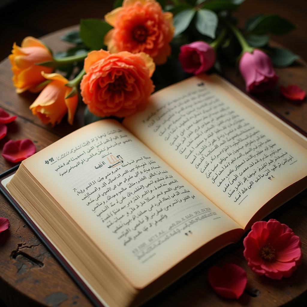 An open book of shayari surrounded by flowers, symbolizing the beauty and emotional depth of the poetry.