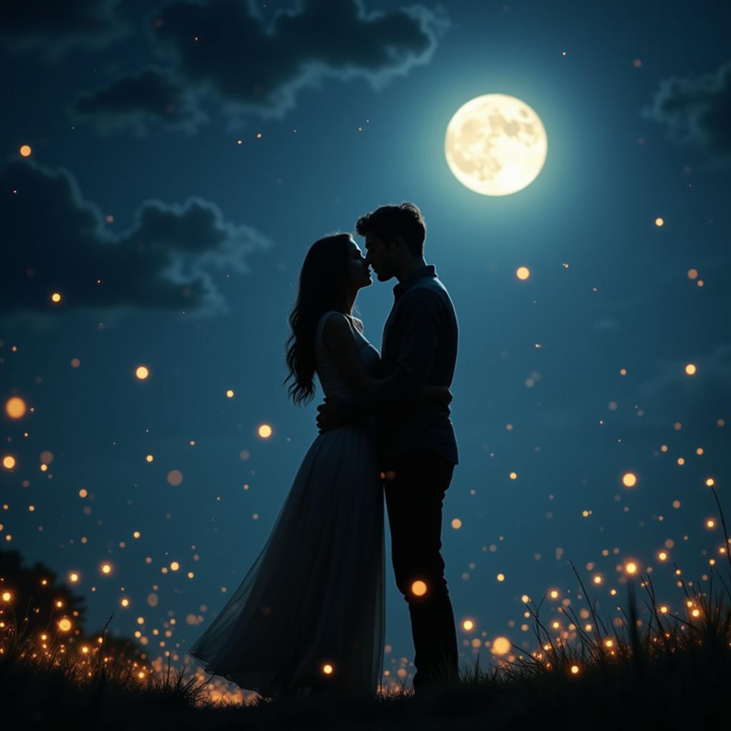 Passionate embrace between lovers under the moonlight, with fireflies illuminating the scene, symbolizing the fiery intensity of kiss karne wali shayari.