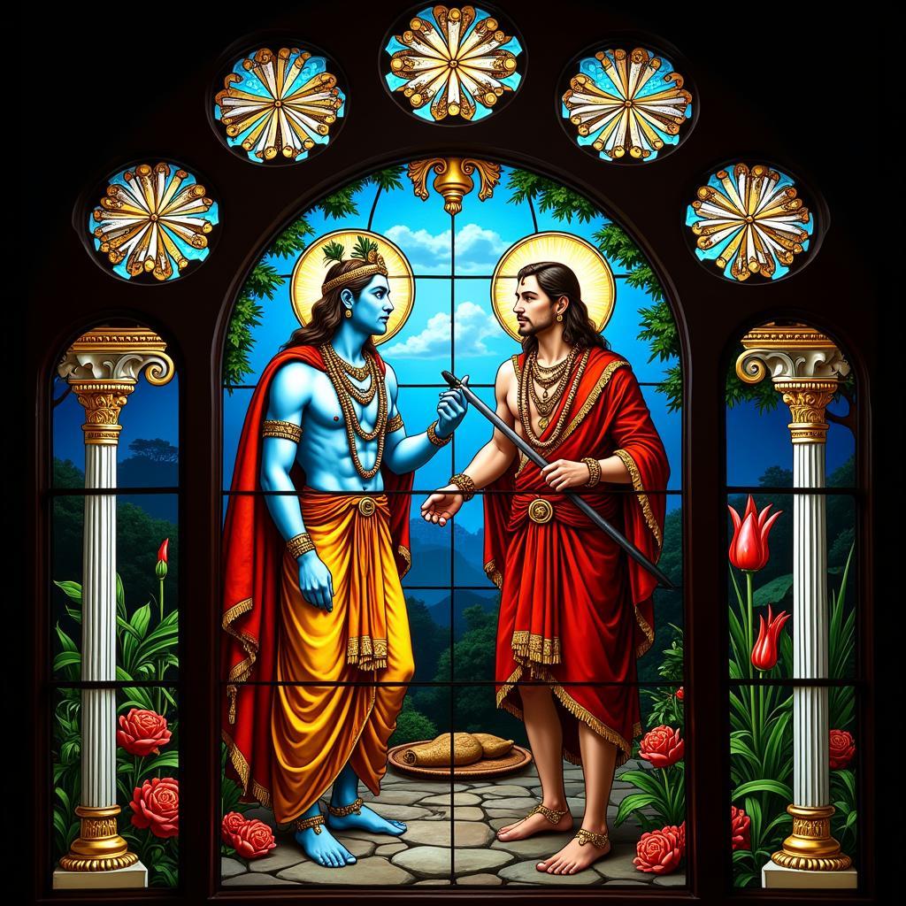 Stained Glass Window Depicting Krishna and Arjun