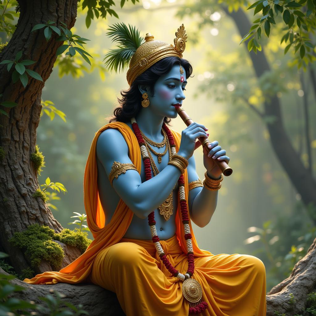 Krishna playing his flute, a symbol of divine music and meditation.