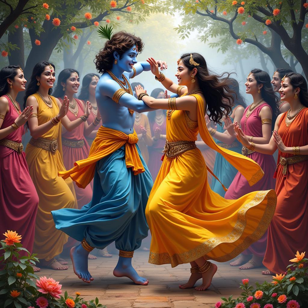 Krishna dancing with the Gopis, celebrating divine love and joyous abandon. Shayari captures the energy and bliss of the Rasa Leela.