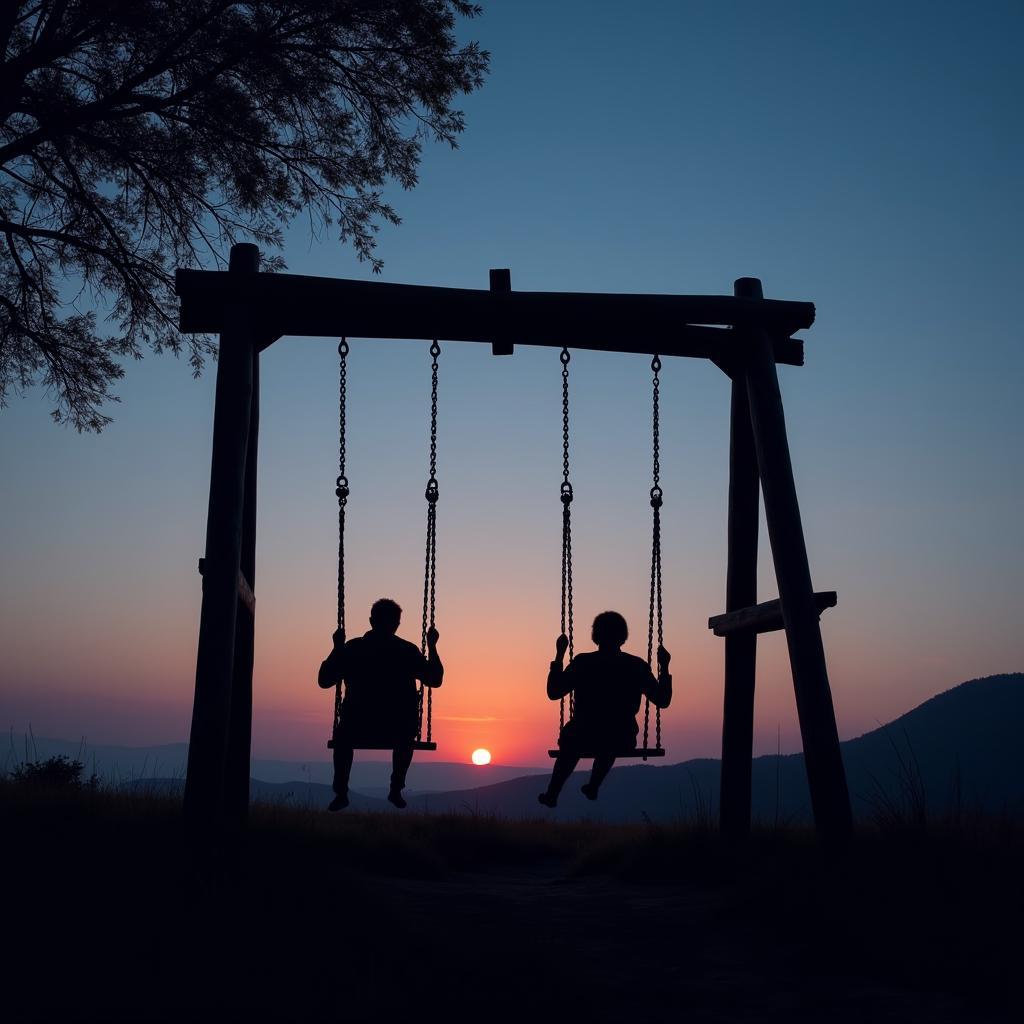 An empty swing set against a twilight sky