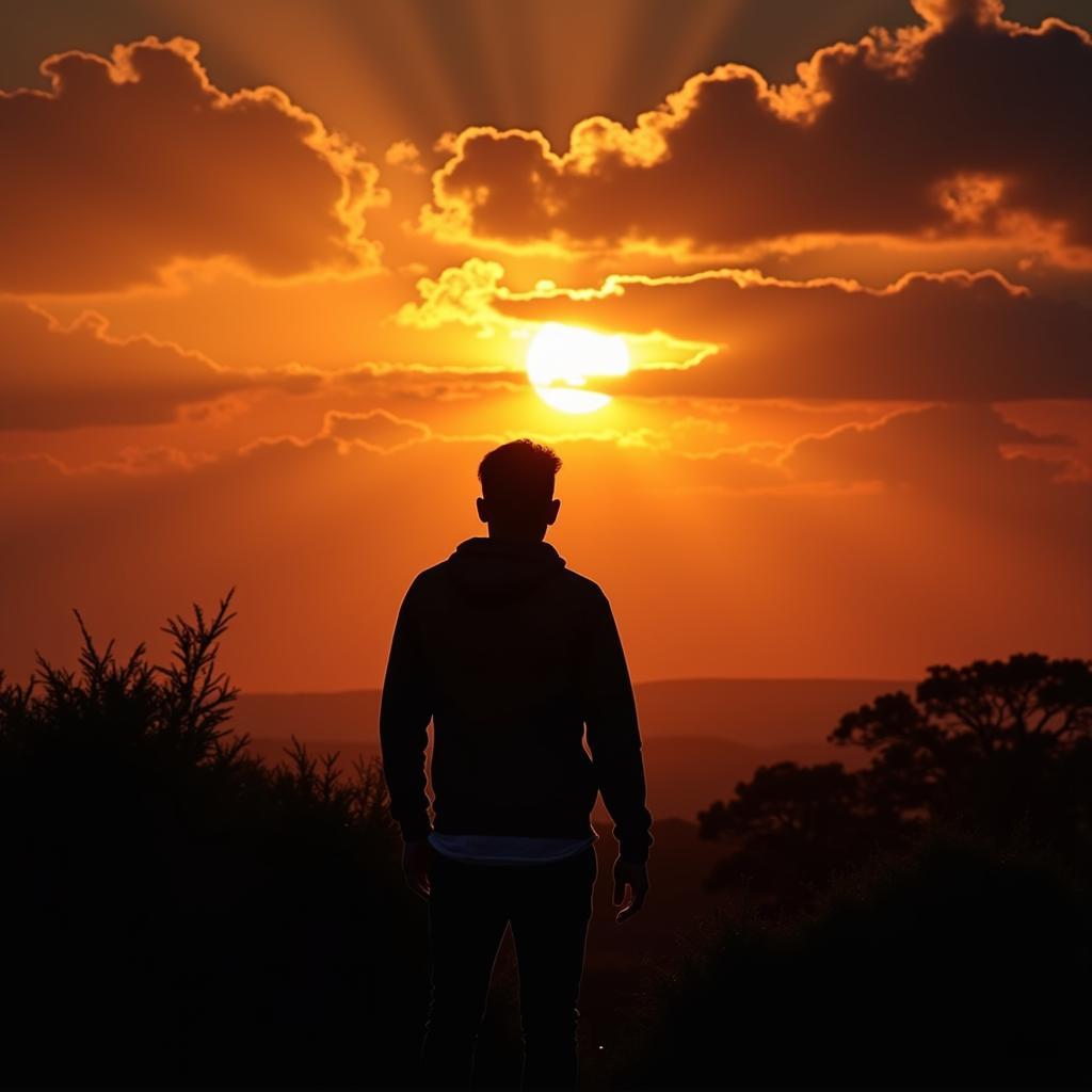 A lonely figure gazing at a setting sun