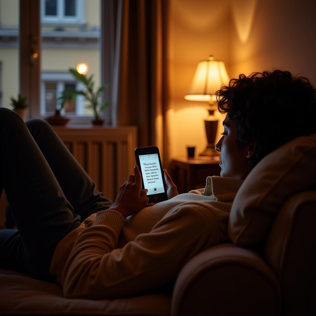 Person relaxing and reading Hindi quotes on their phone.