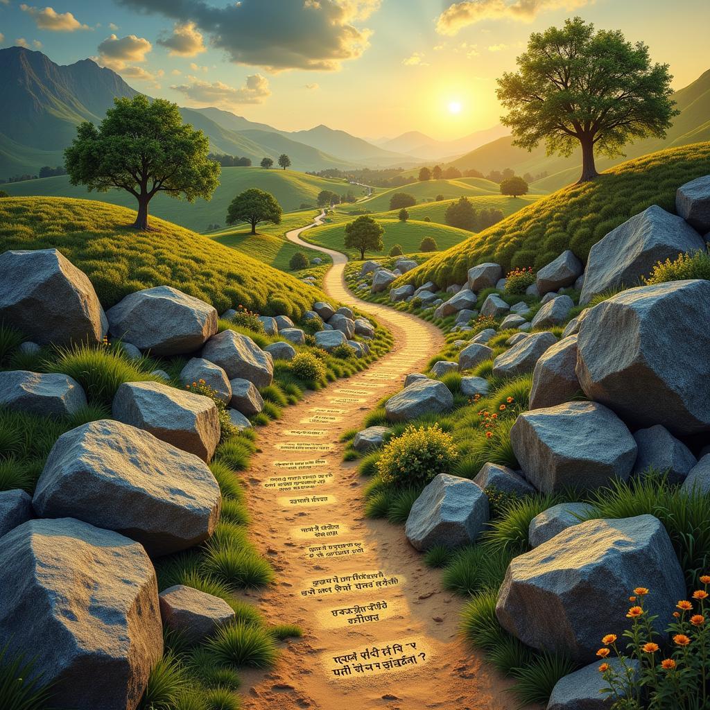 A path winding through a landscape representing the journey of life, with Urdu poetry in Hindi script along the sides.