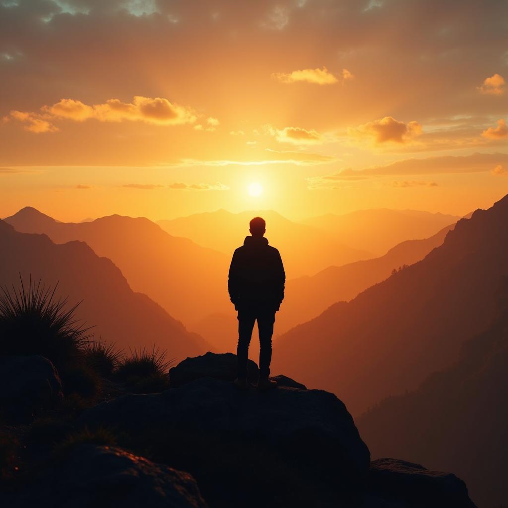 Embracing the Unknown: A person standing on a mountaintop looking out at a vast, uncertain landscape.