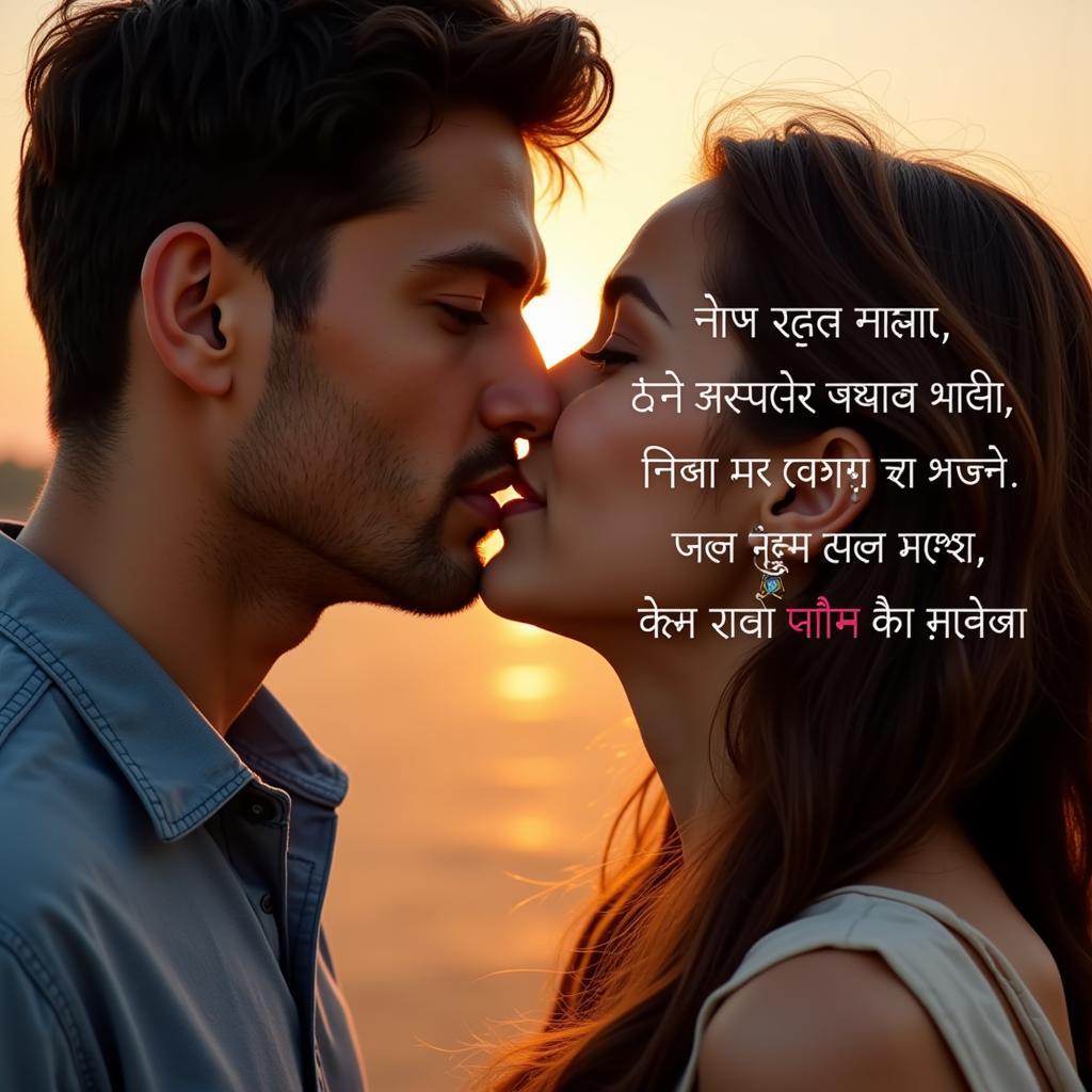 Romantic Couple Sharing a Kiss with Hindi Shayari Overlay