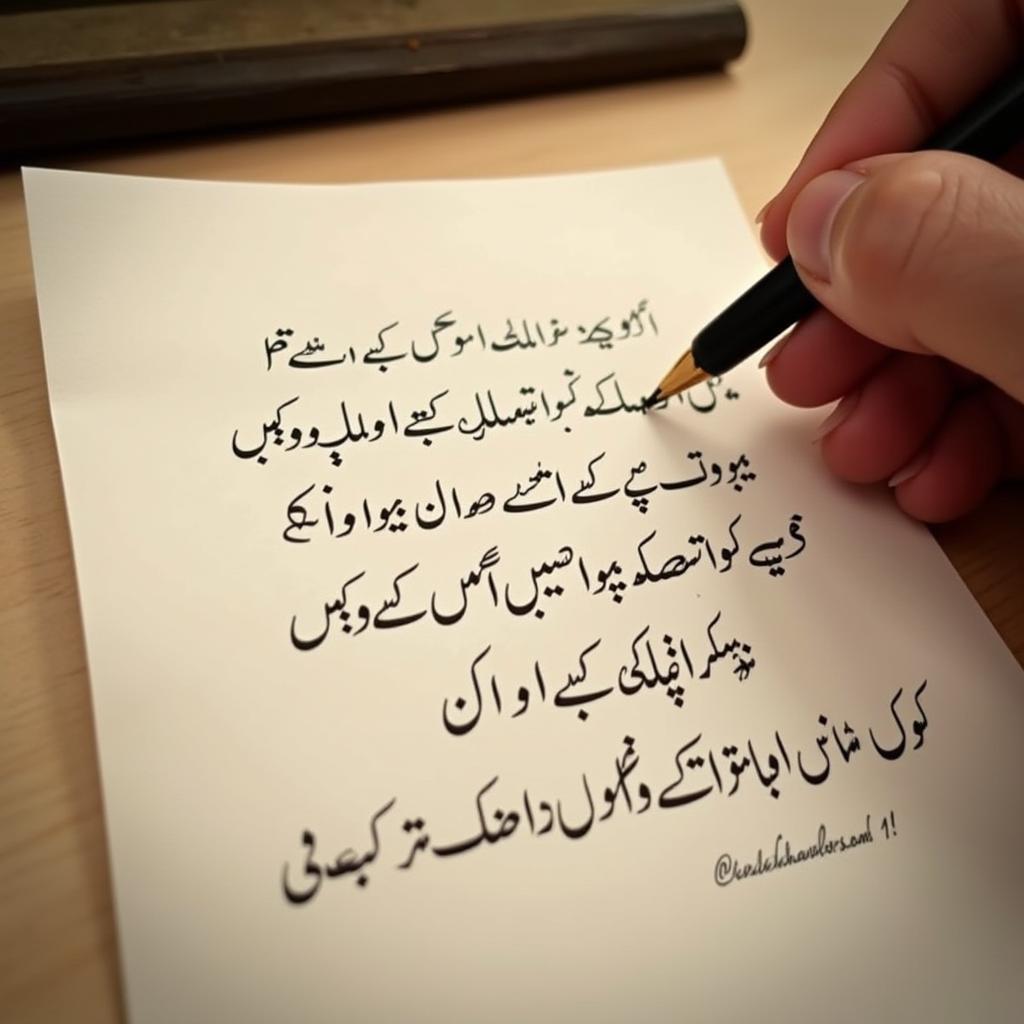 A hand writing a shayari with metaphors and similes, illustrating the use of figurative language.