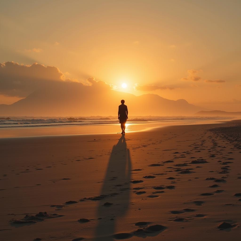 Loneliness and Longing Shayari: A lone figure walks along a deserted beach at sunset, their shadow stretching long before them.  The image captures a sense of isolation and yearning.