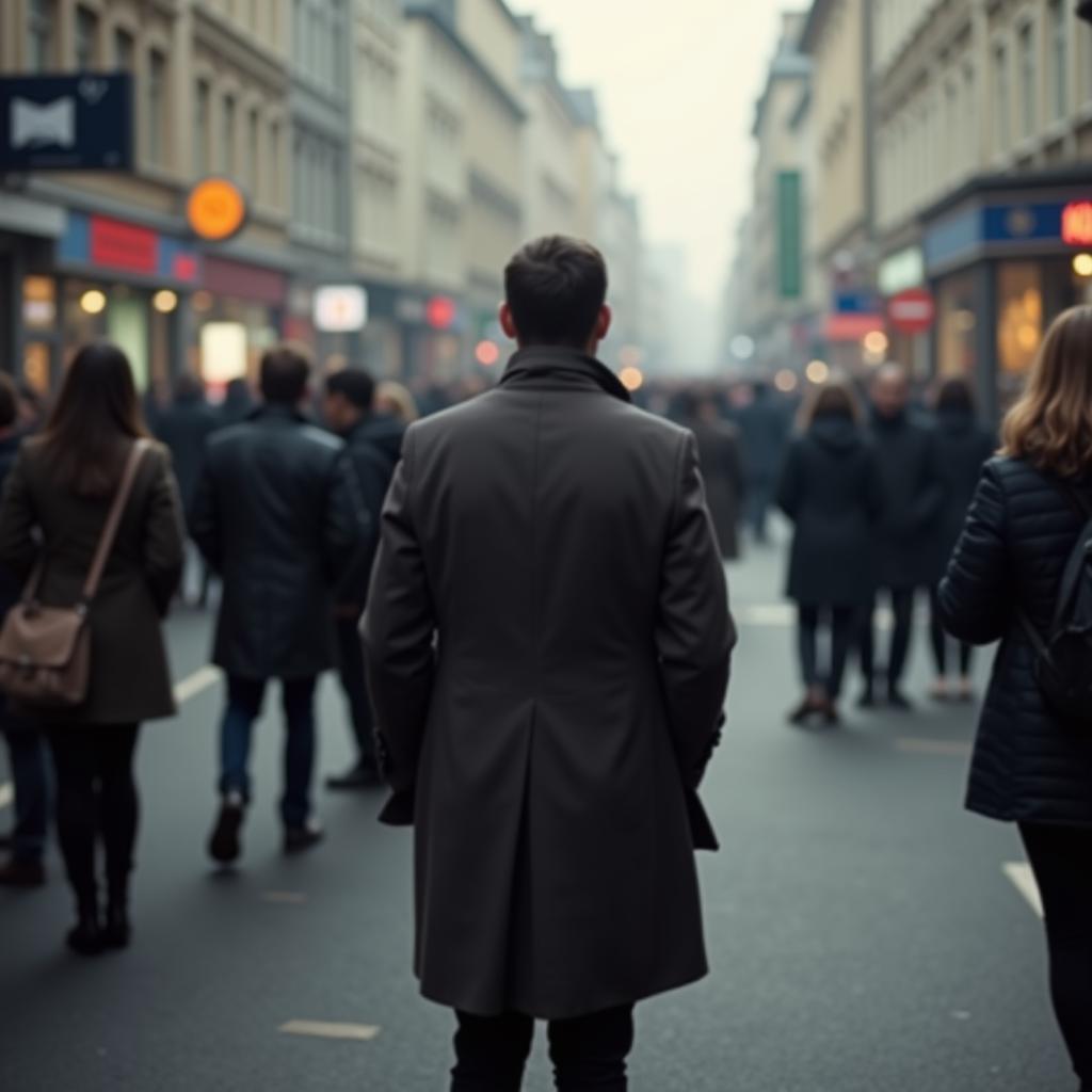 A single person standing amidst a bustling crowd, looking lost and isolated