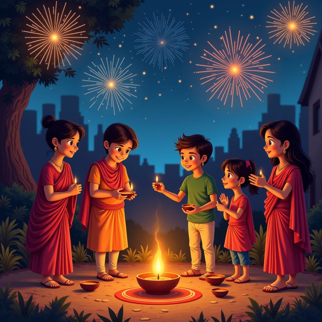 A group of people celebrating Diwali, sharing long love shayari with each other.