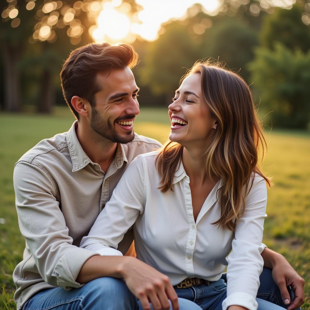 A happy couple laughing together, enjoying each other's company.