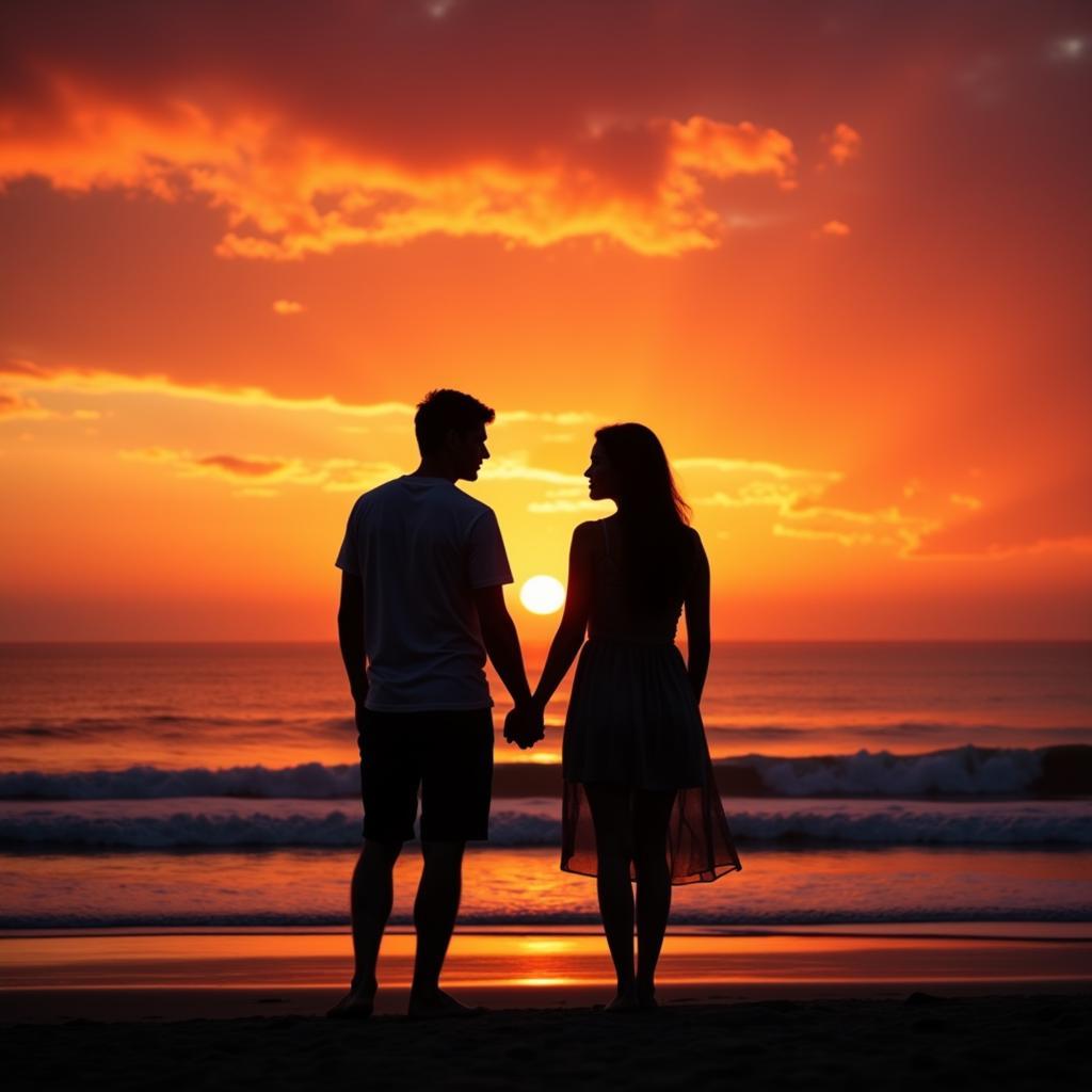 Couple sharing a romantic moment on the beach at sunset