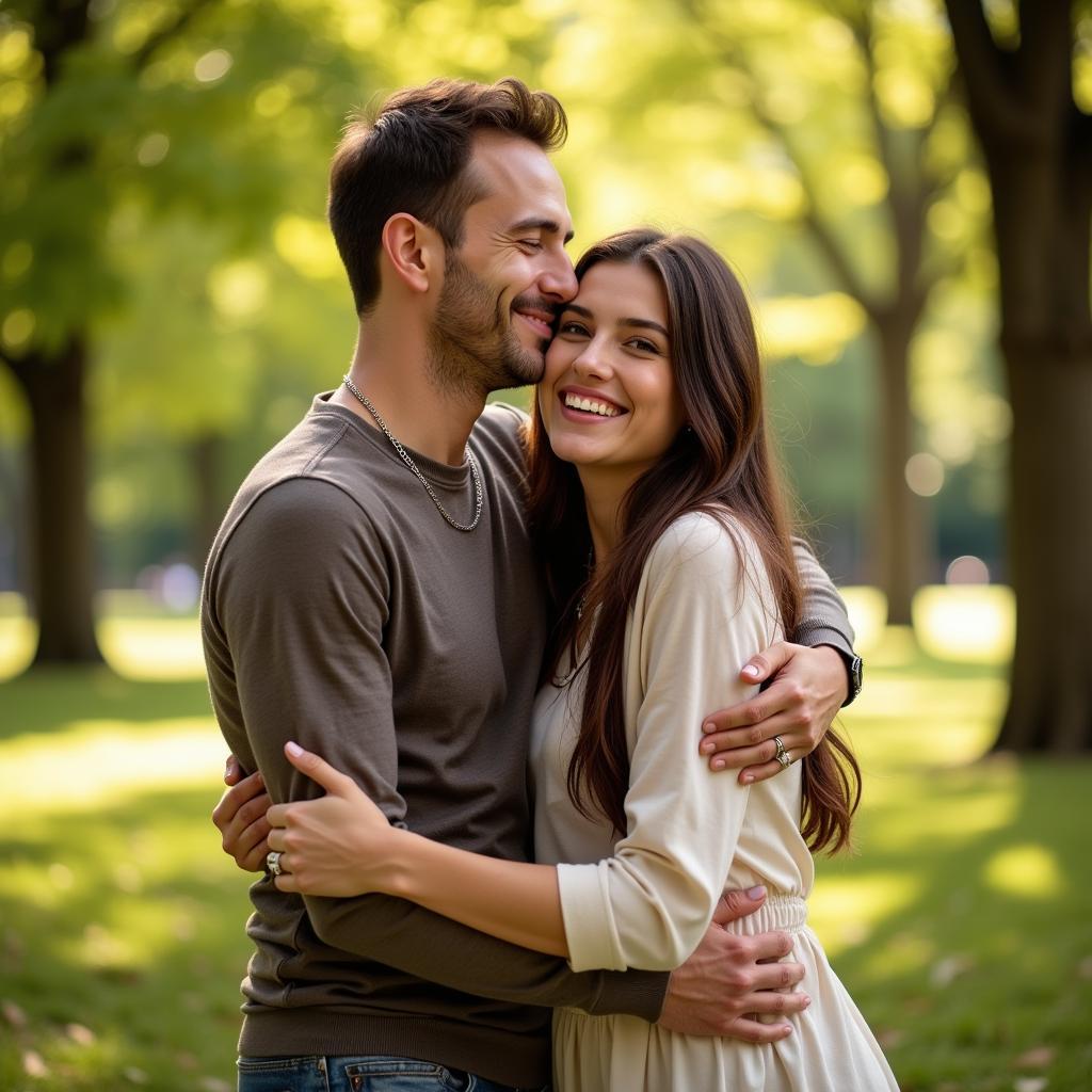 Couple embracing in a park, radiating love and happiness.