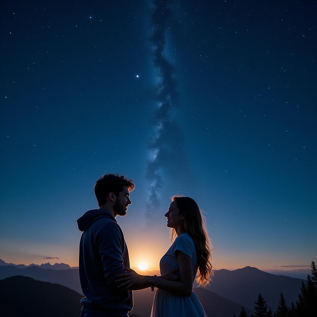 Couple embracing under a starry sky