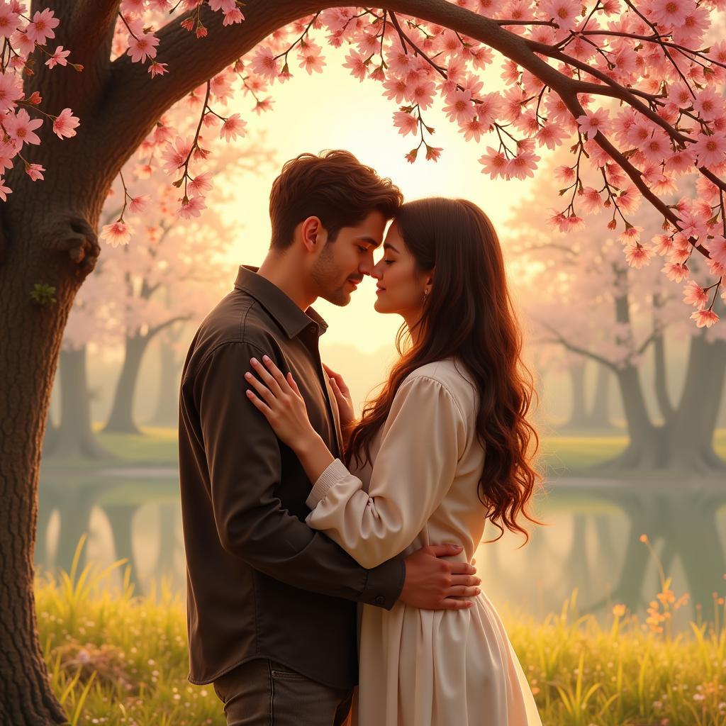 Couple embracing under a blossoming tree, symbolizing the beauty and depth of love expressed through Rekhta shayari.