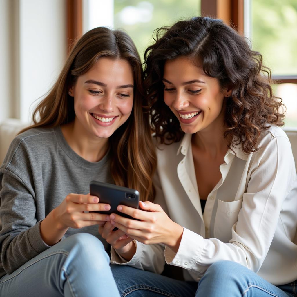 Two girls laugh together while looking at a phone, likely sharing love statuses.