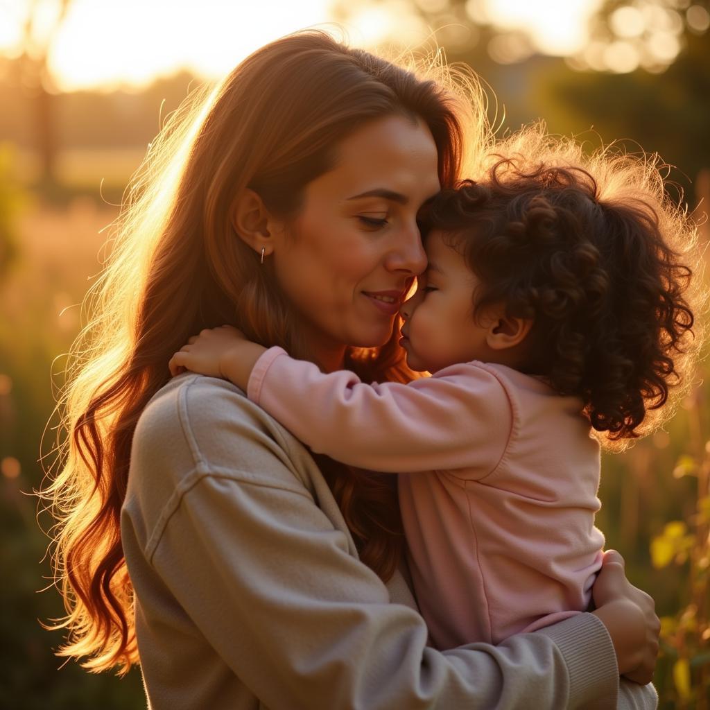 A mother and child embracing warmly, bathed in sunlight.