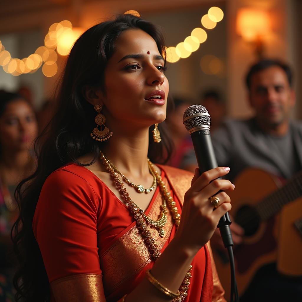 A woman singing a traditional Hindi song, likely about motherhood.