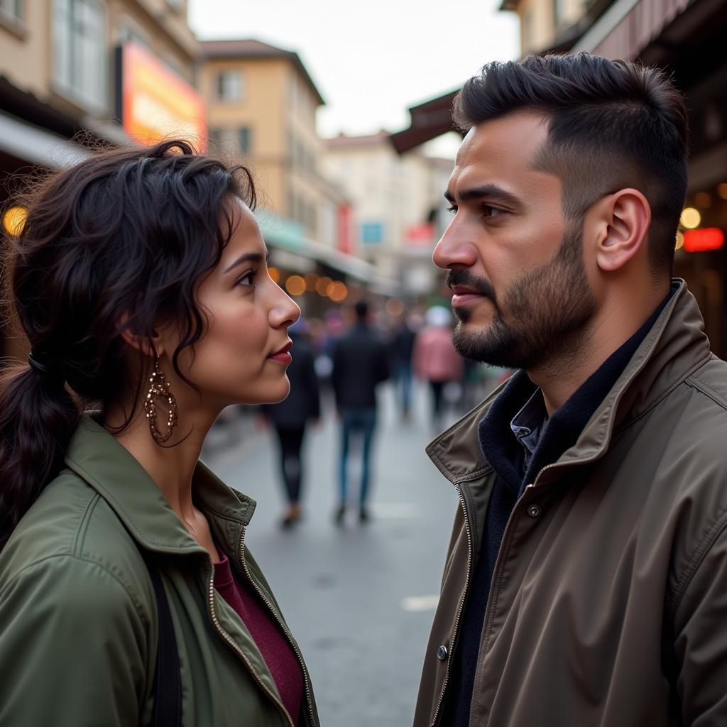 Universal Love:  Two people from different cultures connect through a shared gaze.