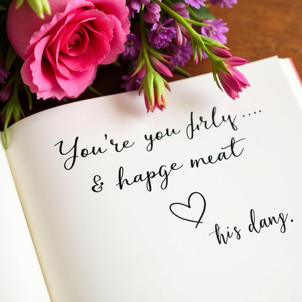 A handwritten note with a heart drawn on it, alongside a bouquet of flowers