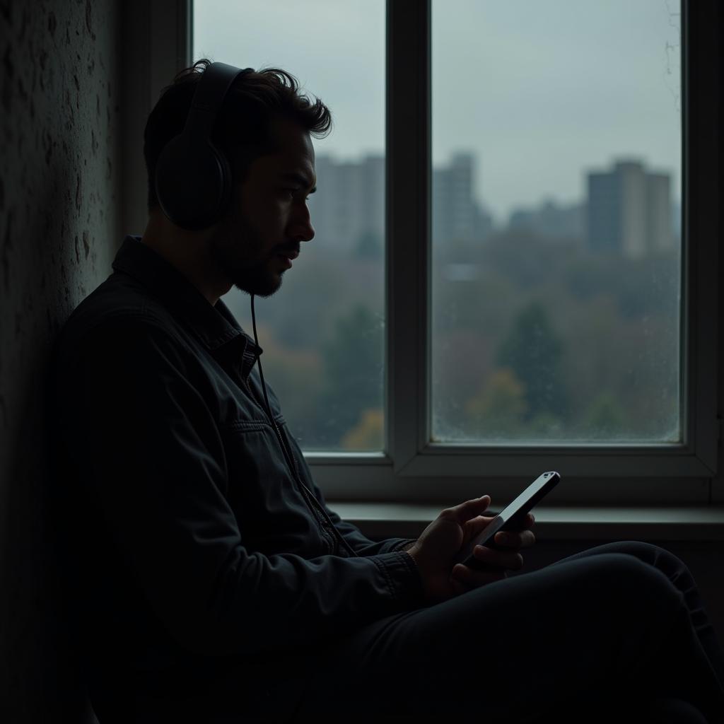 Man finding solace in music during a difficult time, listening on his phone.