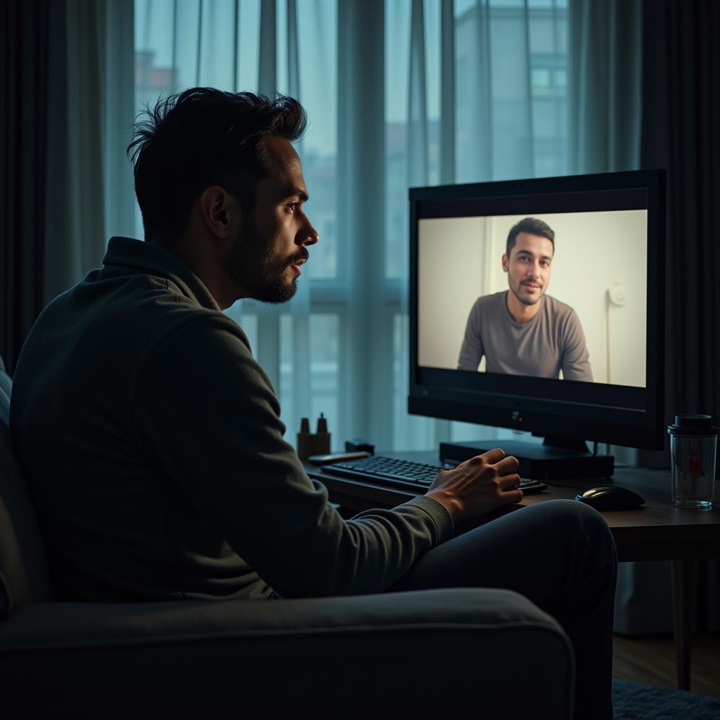 Close-up of a man's hand holding a smartphone, playing a sad shayari video. The screen shows a blurred image of a sad scene.  The man's expression is melancholic. 