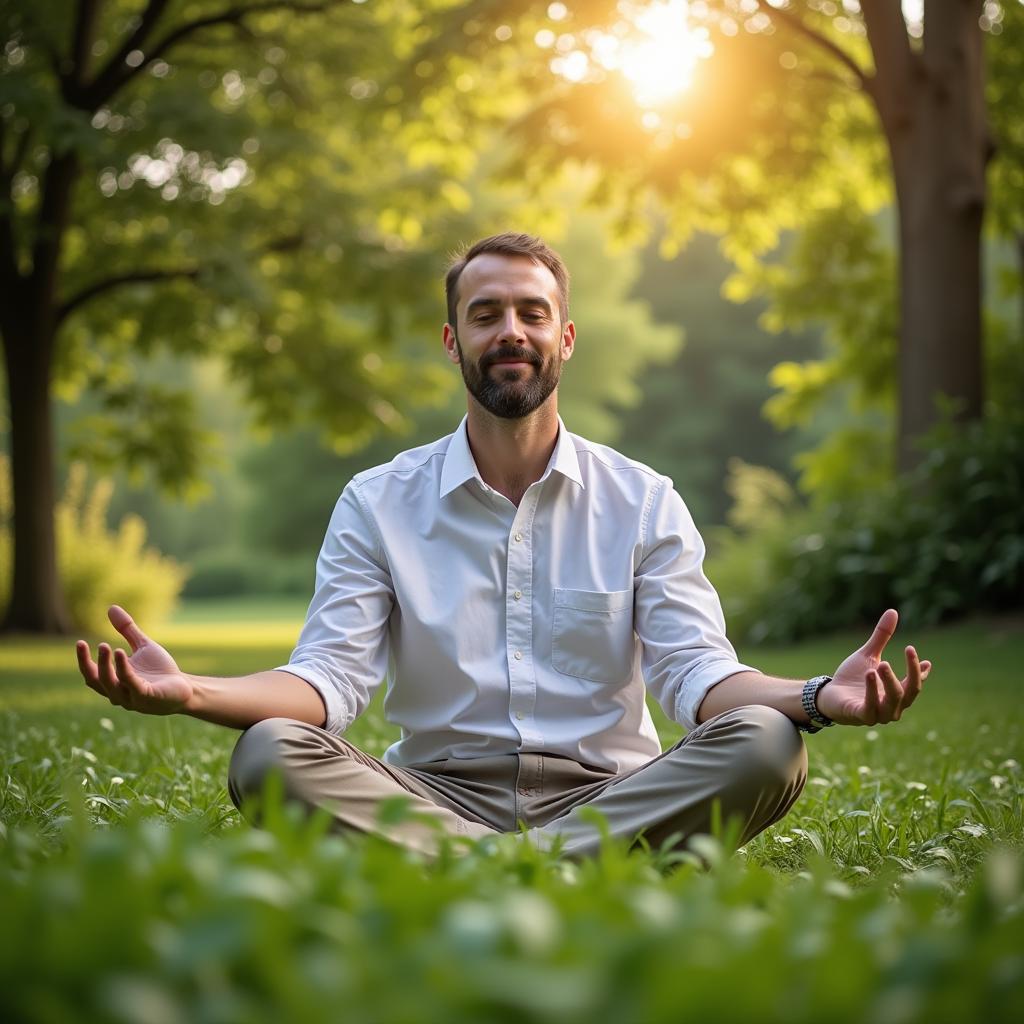 Man meditating peacefully in nature