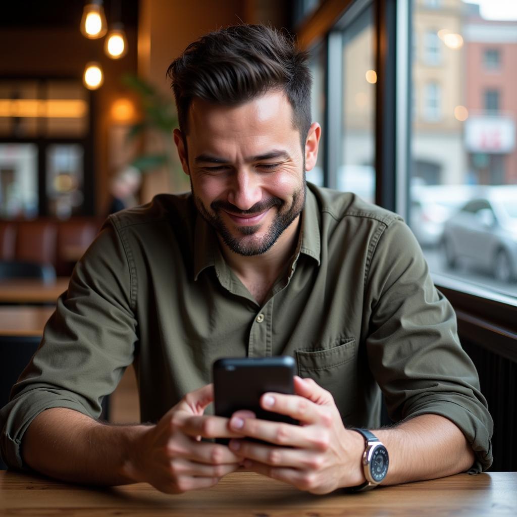 A man confidently using his phone to express himself online.