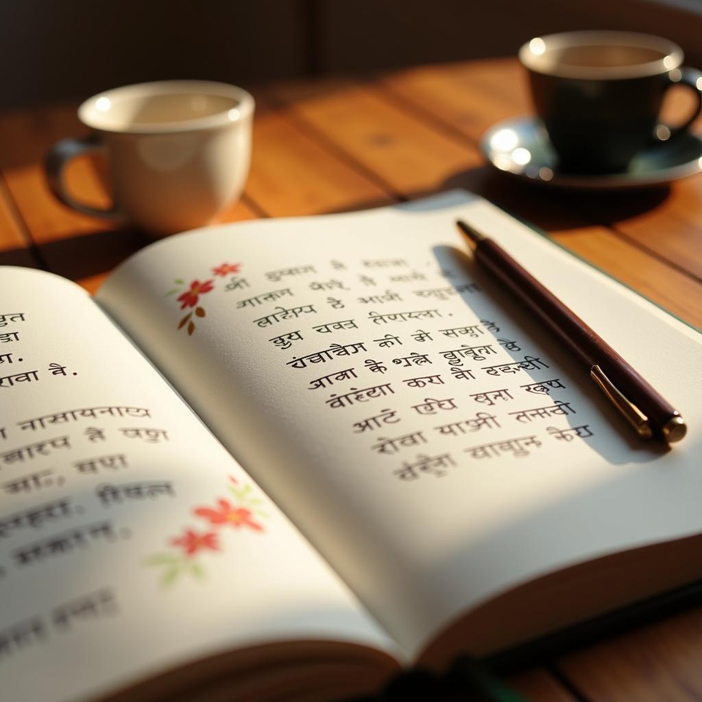 Using Marathi quotes for self-care: A journal open to a page with handwritten Marathi quotes, promoting emotional well-being.