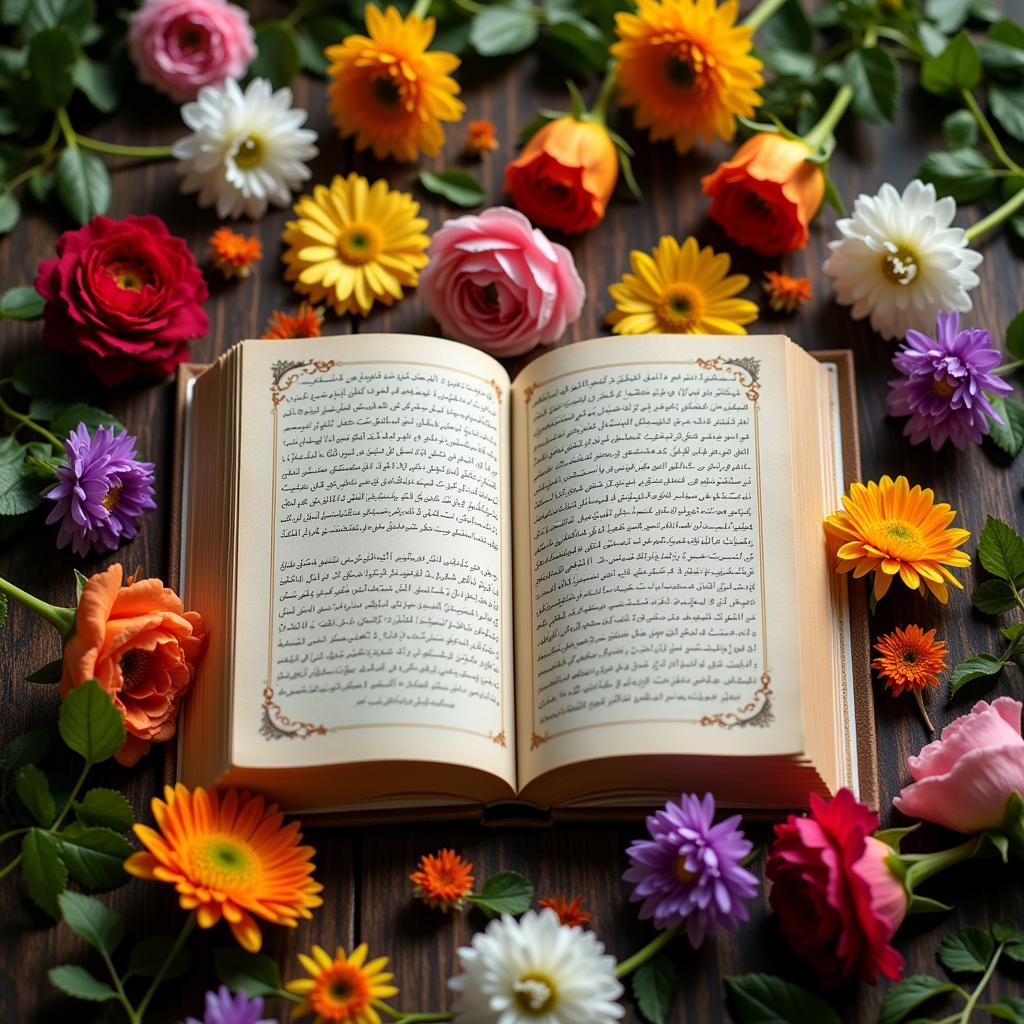 An Open Book of Poetry Surrounded by Flowers