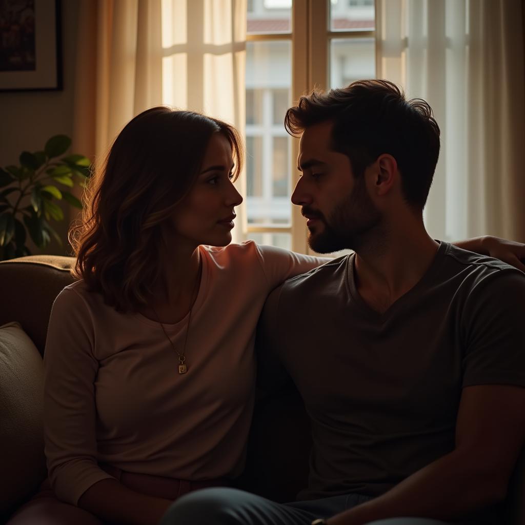 Deep conversation between a couple:  Couple sitting on a couch, talking and sharing their thoughts and feelings.