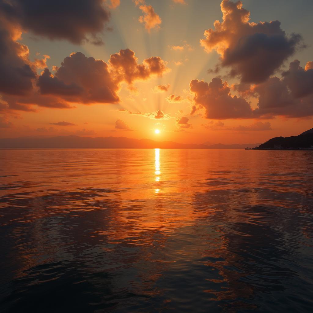 Image depicting a serene sunset over a calm sea, symbolizing acceptance and peace in the face of mortality, often found in maut pe shayari.