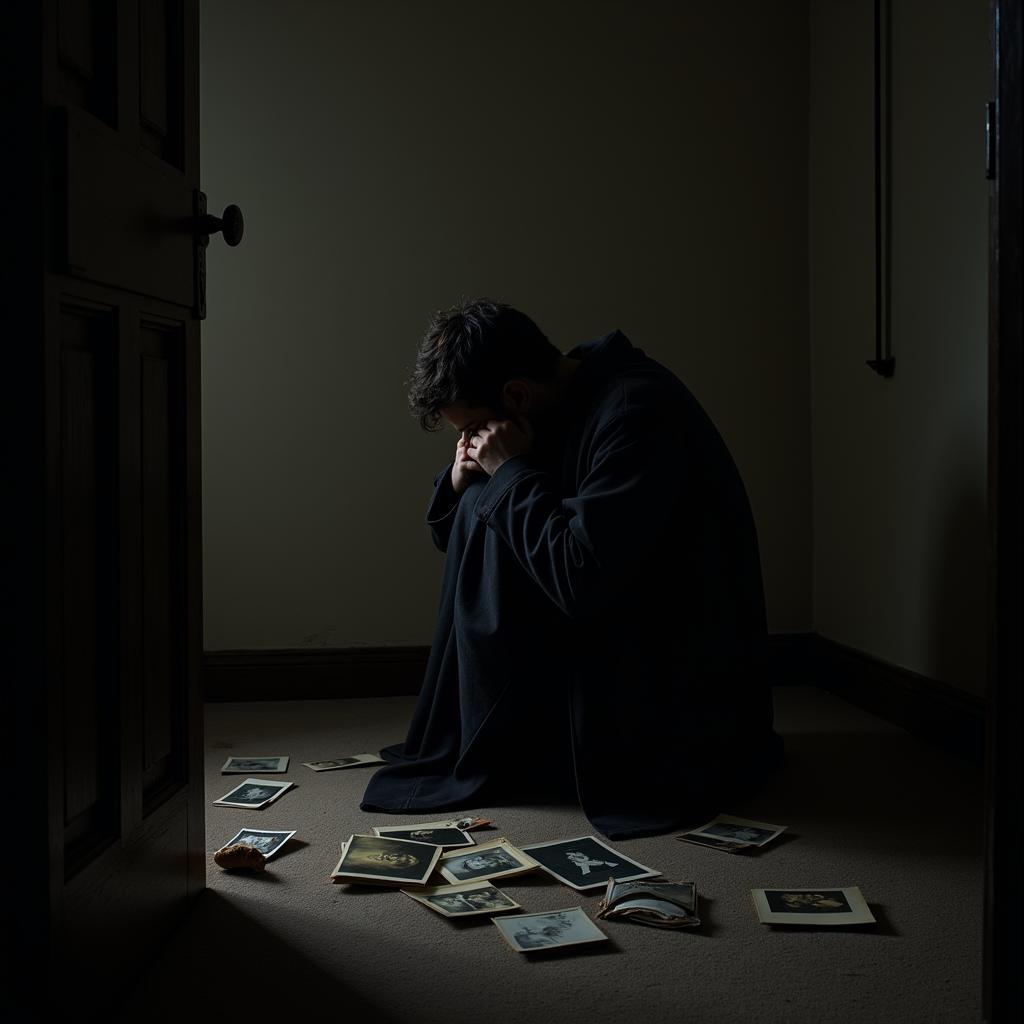 Image depicting a person grieving the loss of a loved one, surrounded by fading photographs and melancholic shadows, reflecting the themes of sadness and loss often explored in maut pe shayari.