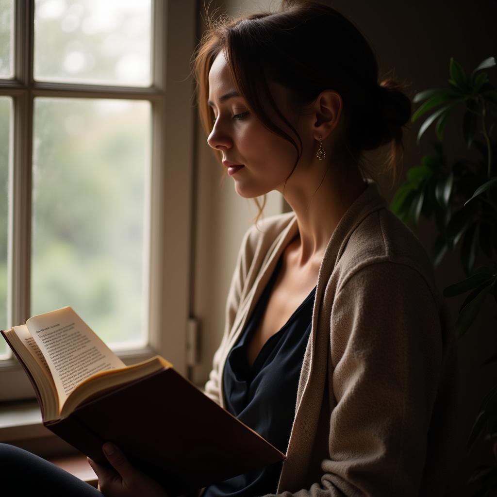 A woman sitting by a window, reading a book of mehak shayari, with a thoughtful expression on her face, showcasing the introspective nature of the art form.