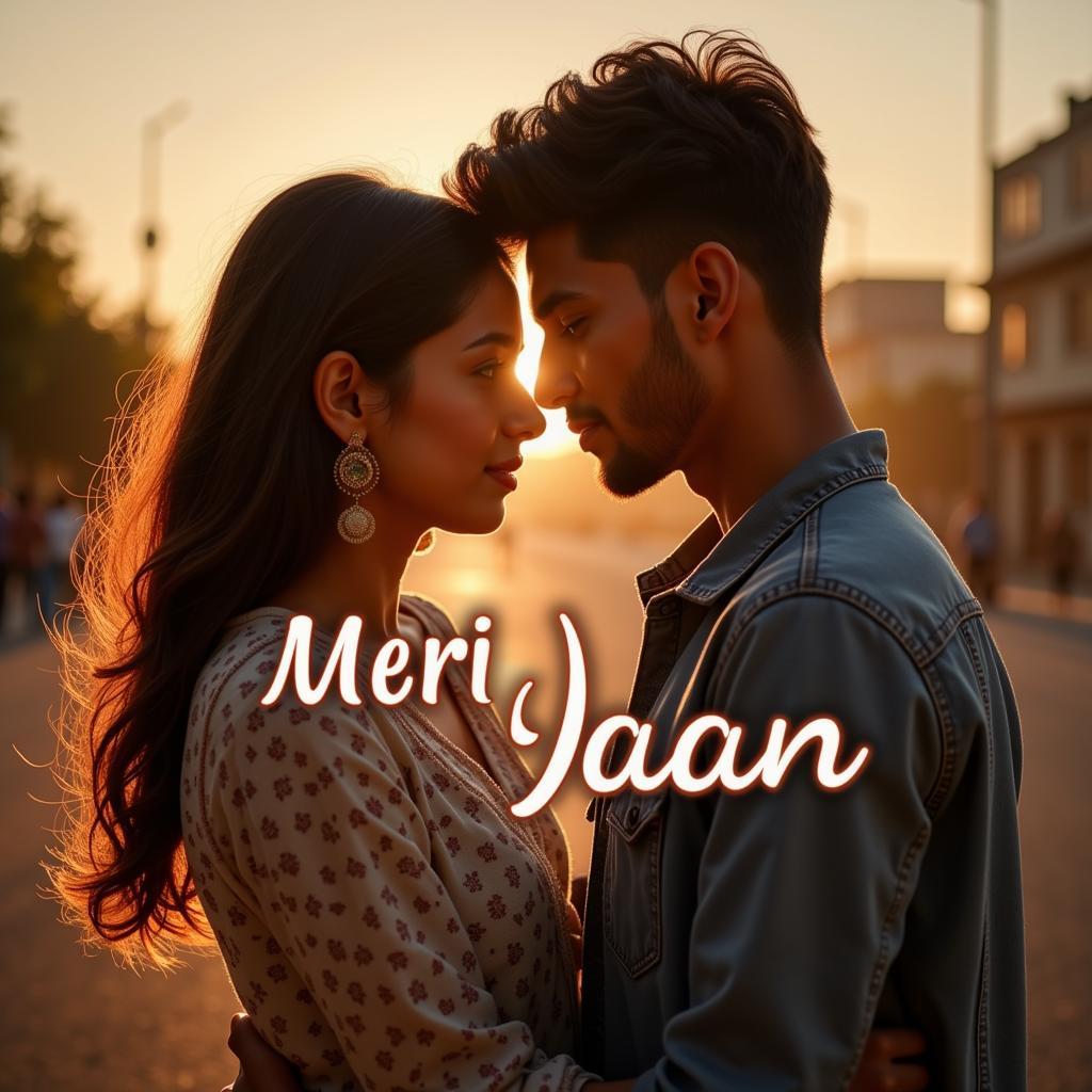 Couple embracing with "Meri Jaan" overlay