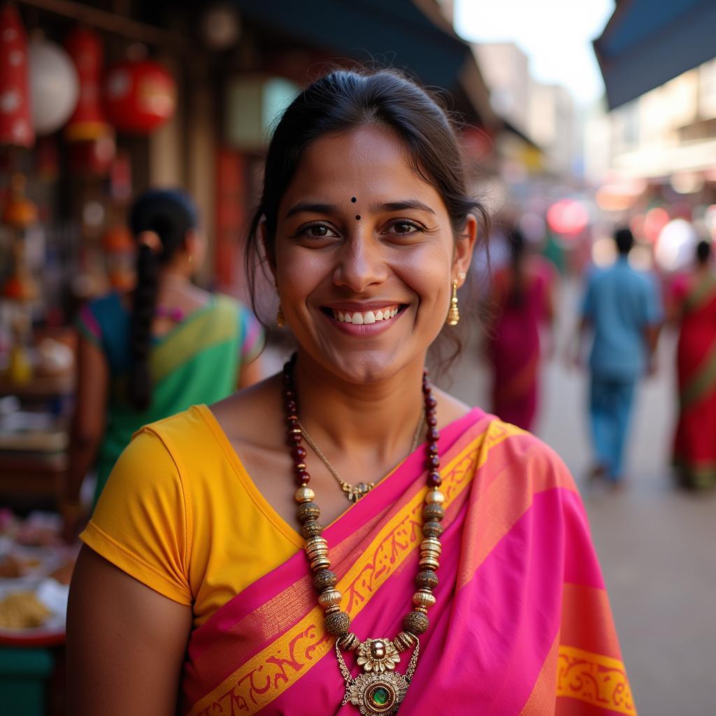 A woman smiling warmly in a traditional Indian setting